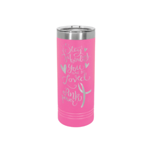 Polar Camel 22 oz. pink skinny tumbler with slider lid, featuring an inspirational breast cancer awareness design.